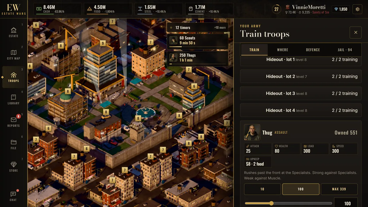 Training troops: every Hideout busy and the Thug card with its stats