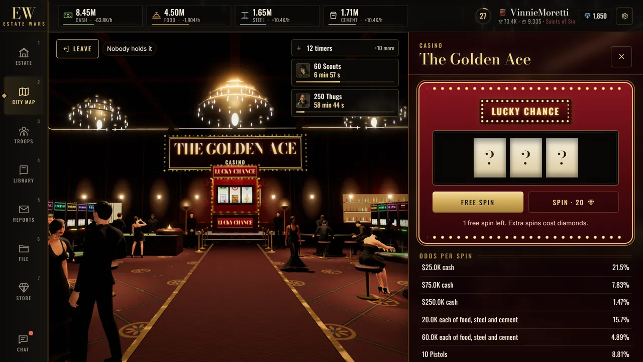 The Golden Ace casino with its Lucky Chance slot machine and the odds per spin
