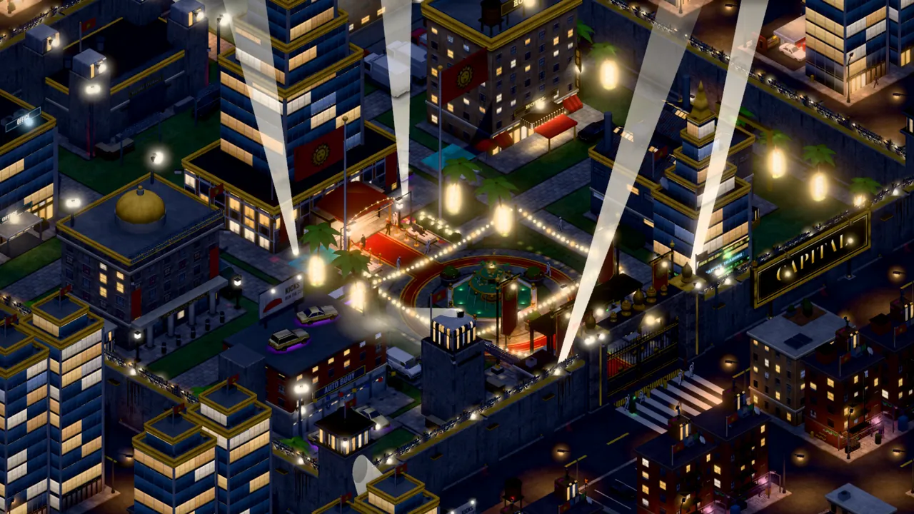 A level 10 estate at night: searchlights, a red carpet up to the Mansion and a fountain of cash
