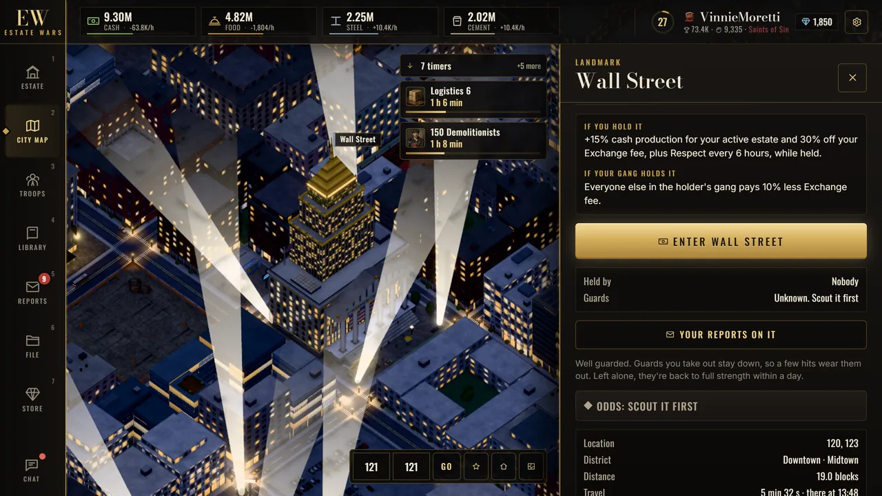 Wall Street selected on the City Map with the perks for holding it